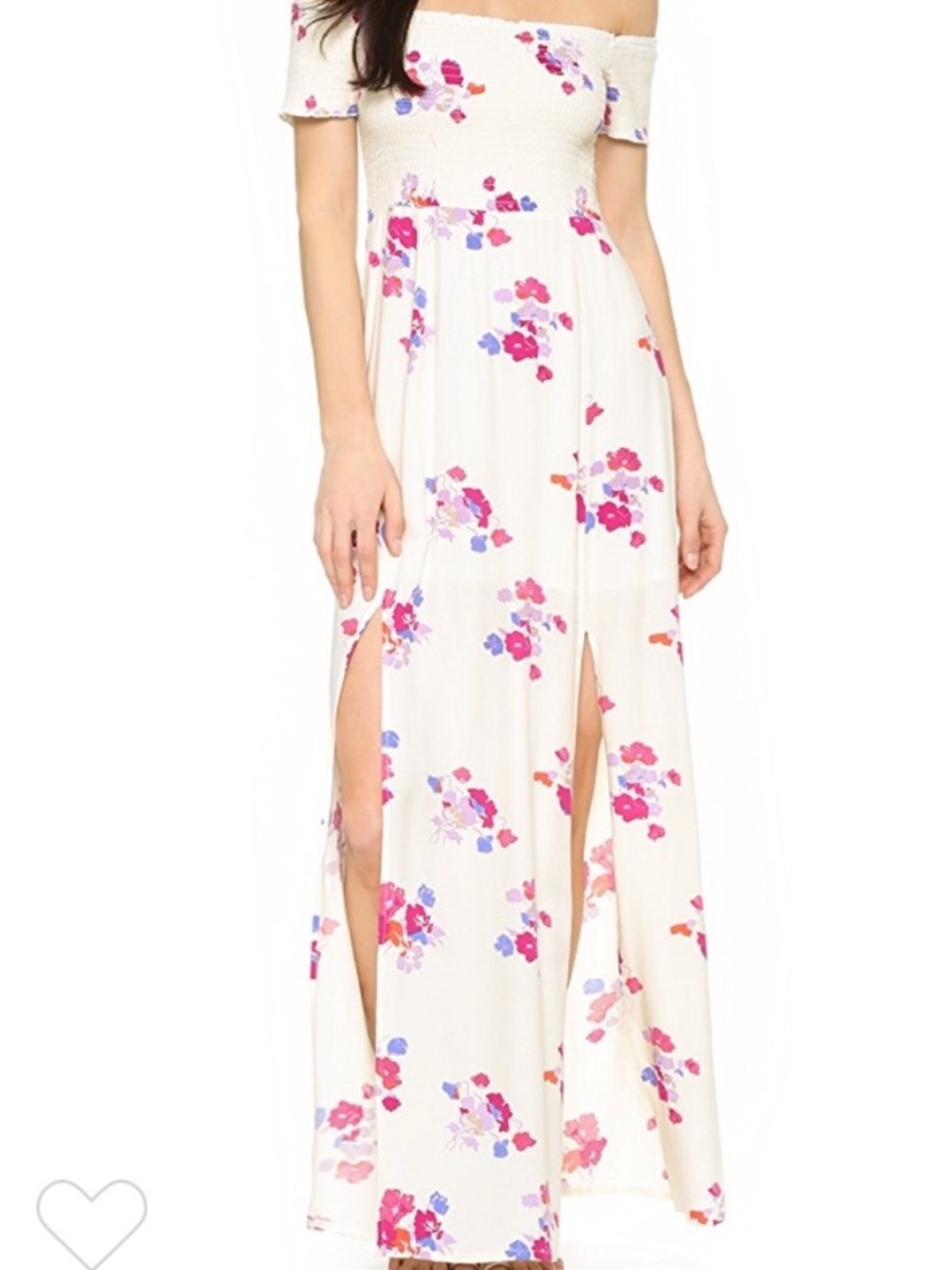 MINKPINK Off-Shoulder Cream Maxi Dress with Pink & Purple Floral Print